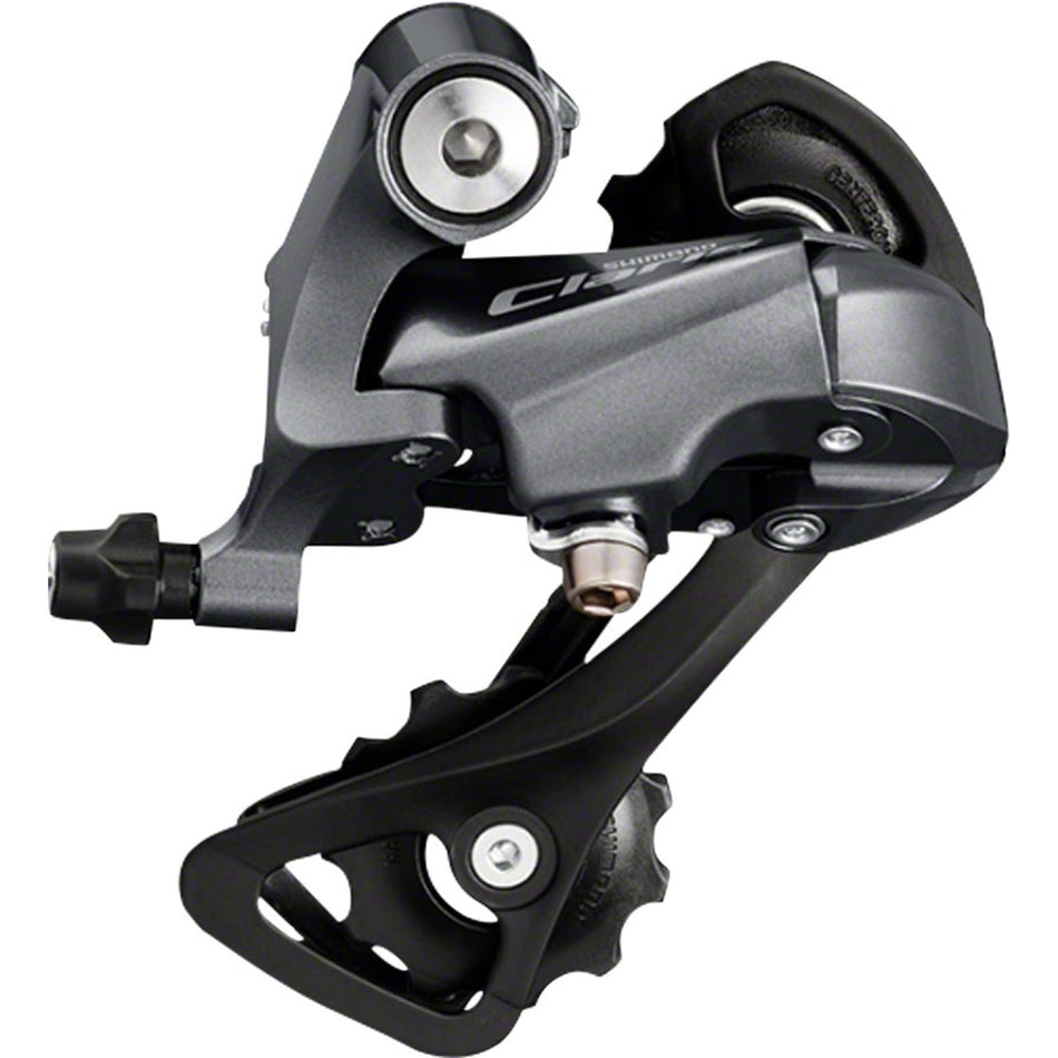 Shimano Claris RD-R2000 rear derailleur with metal cage and black finish for road bike gear shifting.