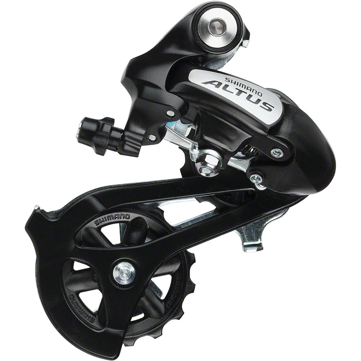 Shimano Altus Smart Cage Rear Derailleur mounted on a bike, showing its sleek design and adjustable derailleur mechanism.