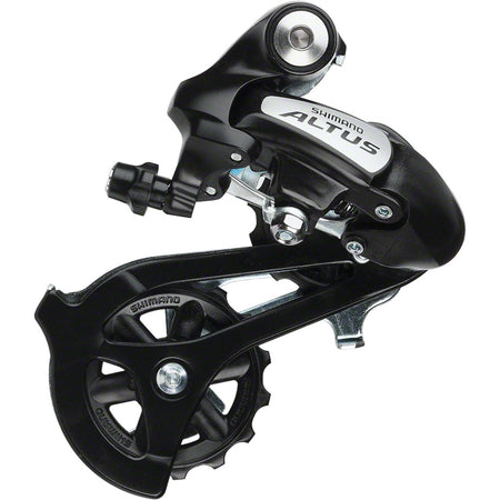 Shimano Altus Smart Cage Rear Derailleur mounted on a bike, showing its sleek design and adjustable derailleur mechanism.