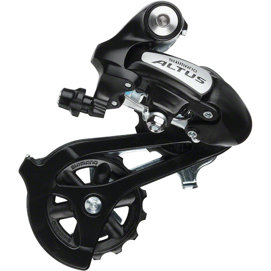 Shimano Altus Smart Cage Rear Derailleur mounted on a bike, showing its sleek design and adjustable derailleur mechanism.