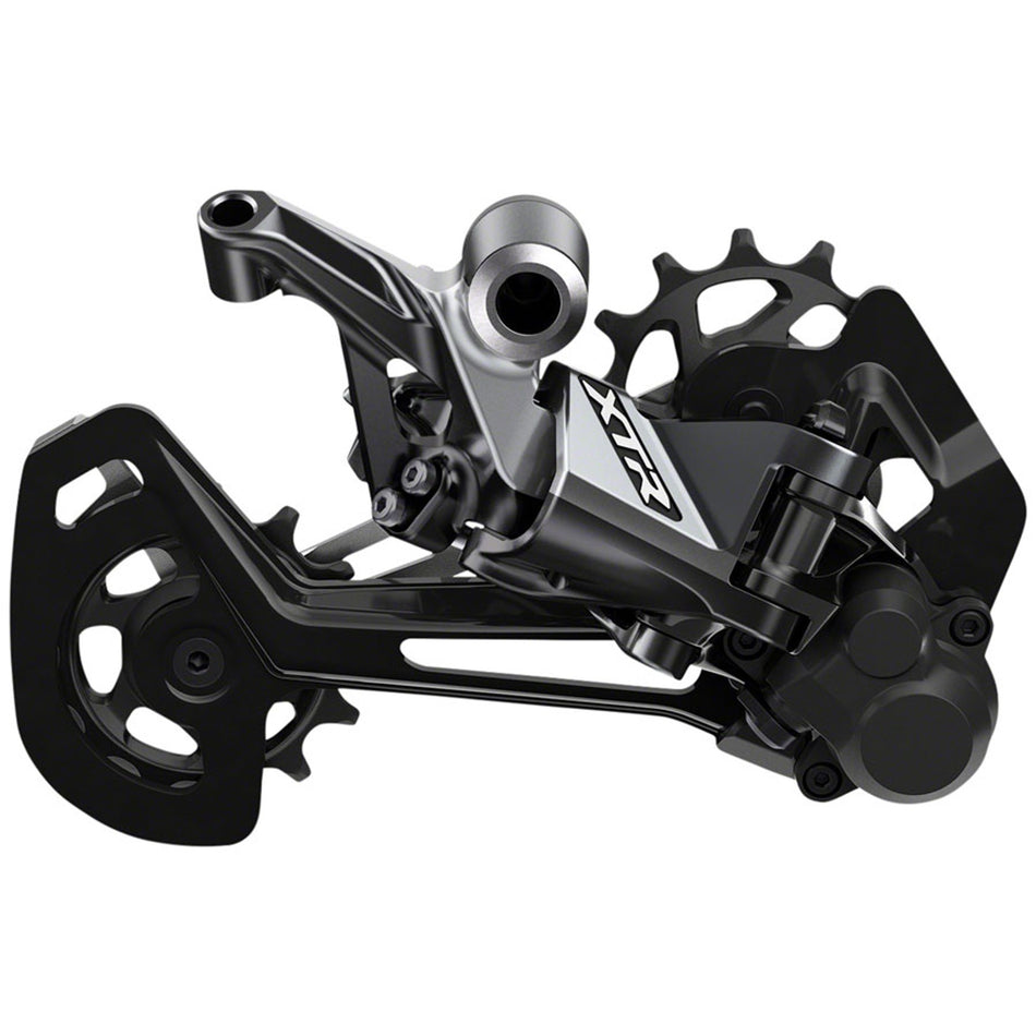 Shimano XTR RD-M9100 rear derailleur for mountain bike, showcasing sleek black design and precise gear shifting components.