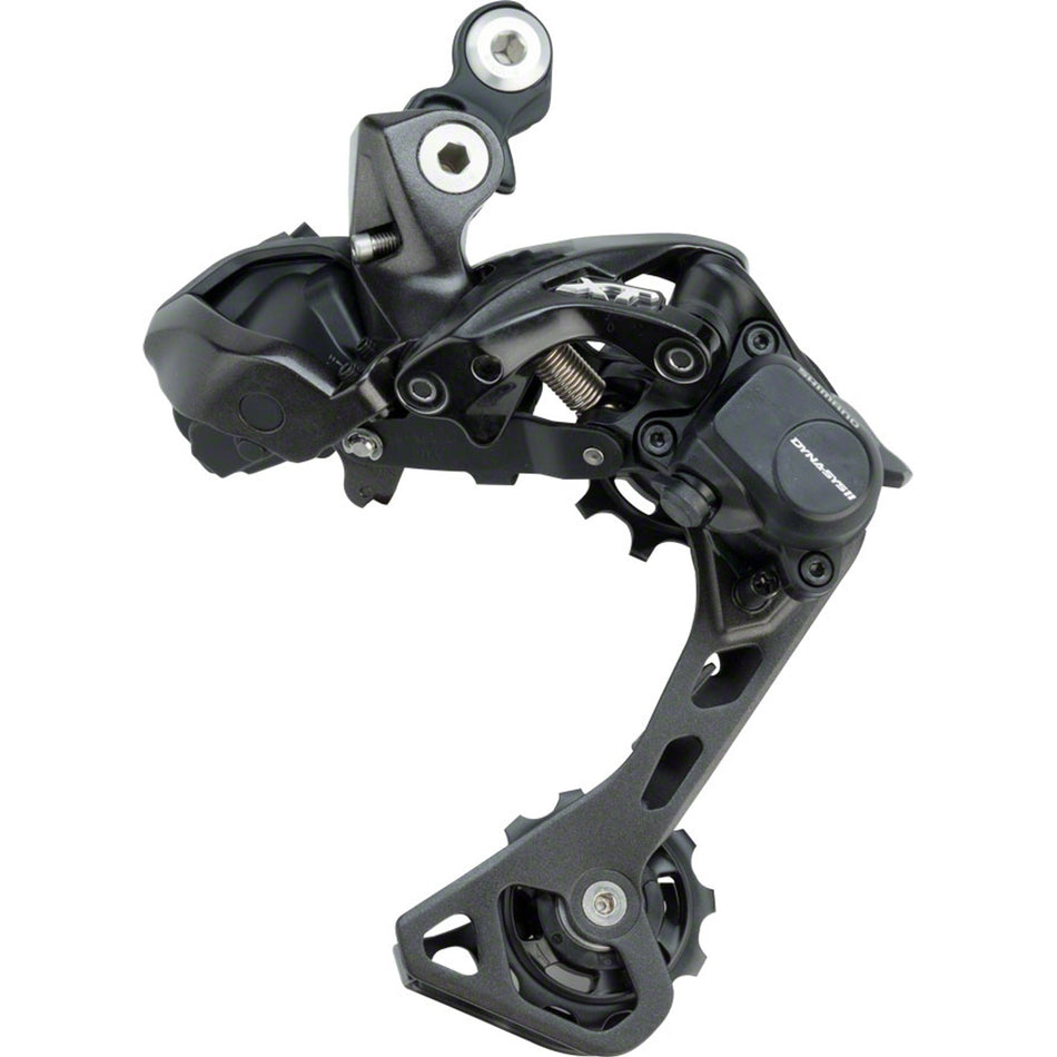 Shimano Deore XT RD-M8070 rear derailleur with black finish, mounted on a bicycle drivetrain for smooth gear shifting.