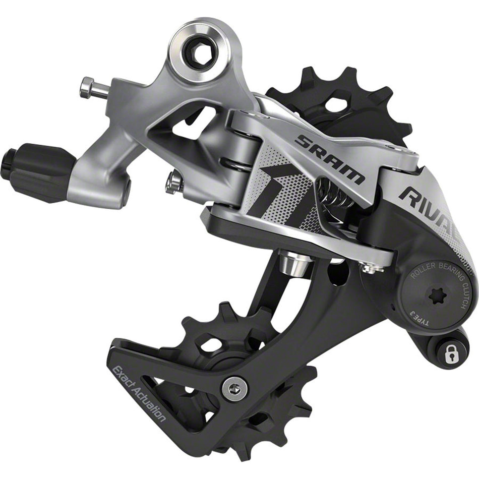 SRAM Rival 1 rear derailleur for 11-speed bikes, black and silver color, showing the lightweight bicycle component.