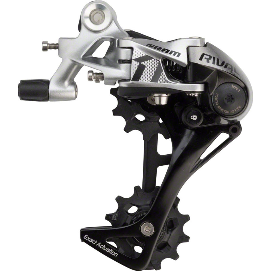 SRAM Rival 1 rear derailleur in black and silver for 11-speed bicycles, showing the lightweight, durable bicycle component.