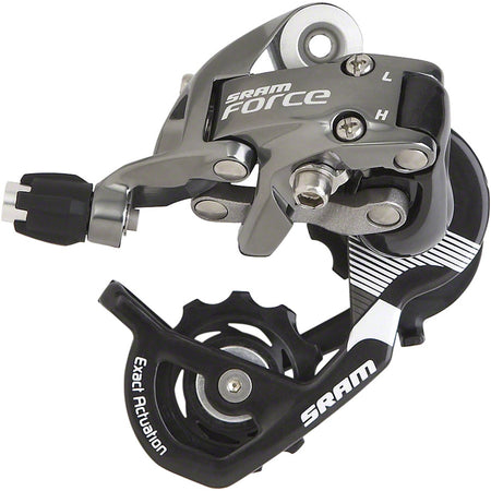SRAM Force rear derailleur for 10-speed bikes, showcasing the sleek, black metal construction and precise gear shifting mechanism.
