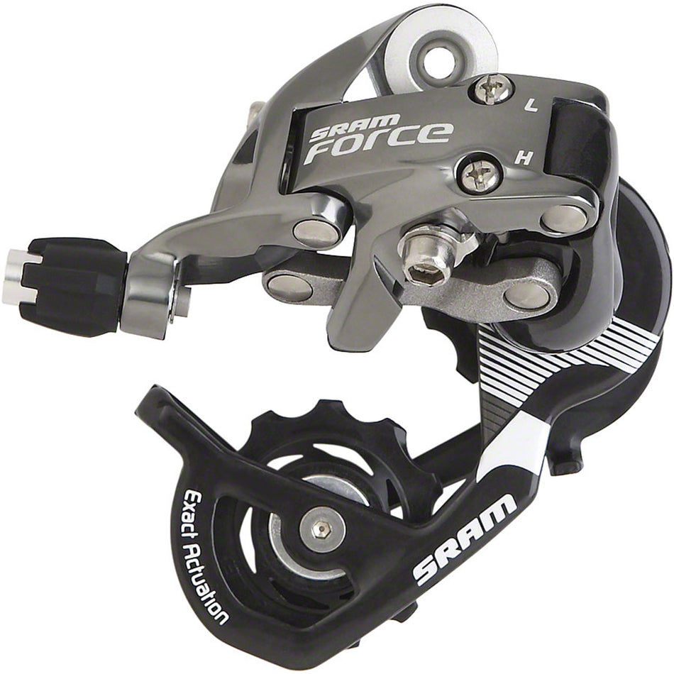 SRAM Force rear derailleur for 10-speed bikes, showcasing the sleek, black metal construction and precise gear shifting mechanism.