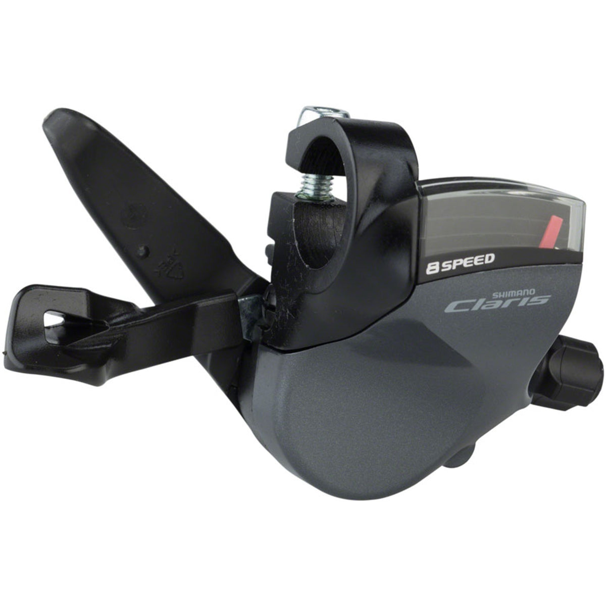 Shimano Claris SL-R2000 right shifter for mechanical bike gear shifting, shown in close-up with detailed handlebar attachment.