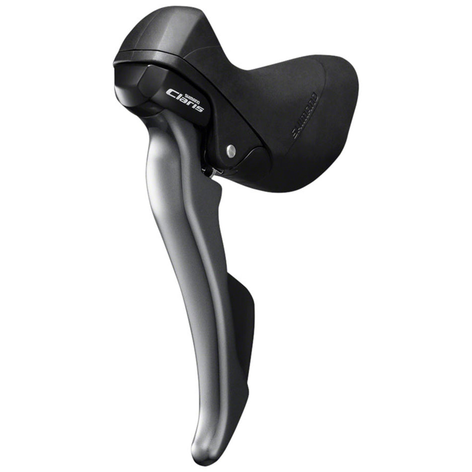 Shimano Claris ST-R2000 dual control brake and shift lever for 2x8 drivetrain with reach adjust and friction-reducing technology.