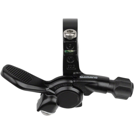Shimano SL-MT500 dropper seat post remote lever for mountain bike seatpost adjustment, showing ergonomic design and branding.
