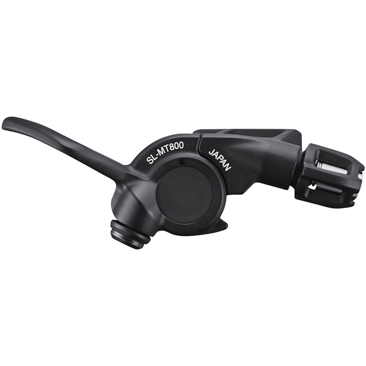 Shimano XTR SL-MT800 dropper seatpost lever attached to bike handlebar, showing ergonomic design for mountain biking suspension control.