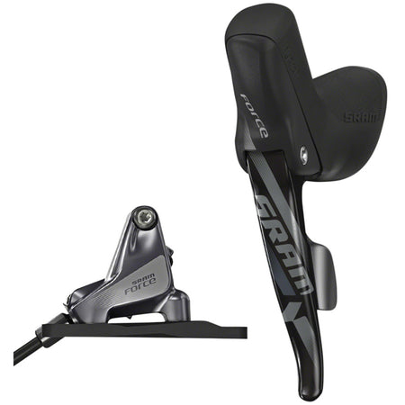 SRAM Force 1 hydraulic disc brake with black caliper and rotor, mounted on a bicycle wheel for superior stopping power