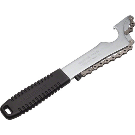 Shimano Chain Whip tool for cassette and freewheel removal, featuring a sturdy handle and durable metal chain for secure grip.