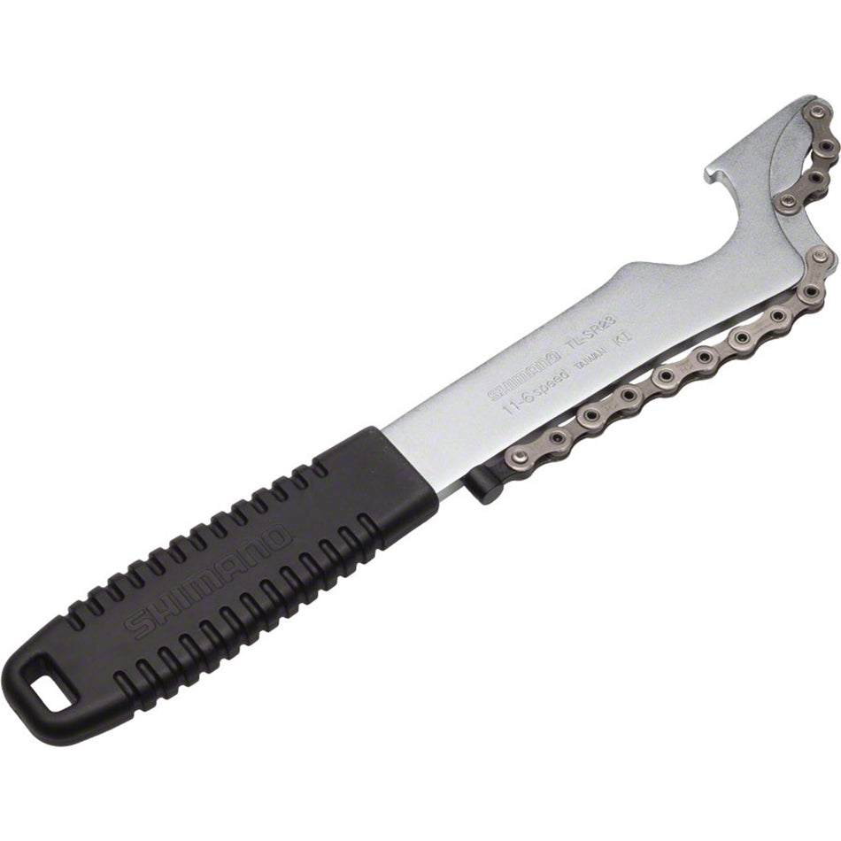 Shimano Chain Whip tool for cassette and freewheel removal, featuring a sturdy handle and durable metal chain for secure grip.