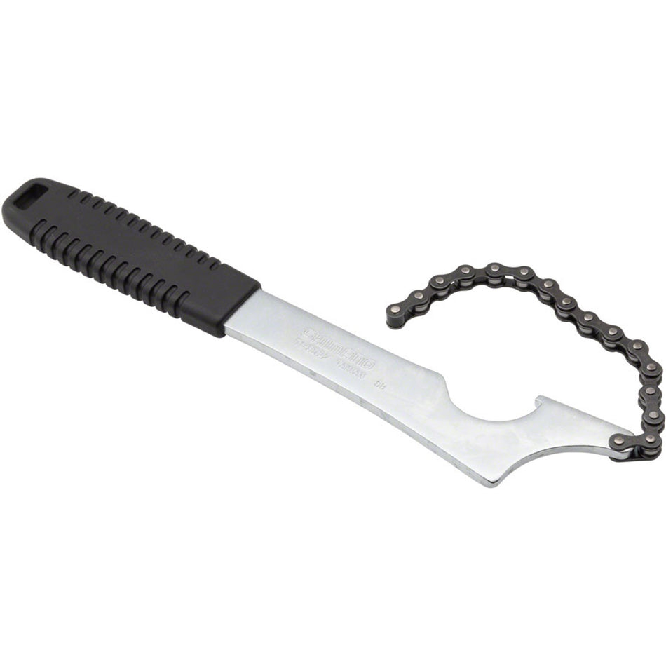 Shimano chain whip tool for cassette and freewheel removal, featuring durable construction and a comfortable handle.