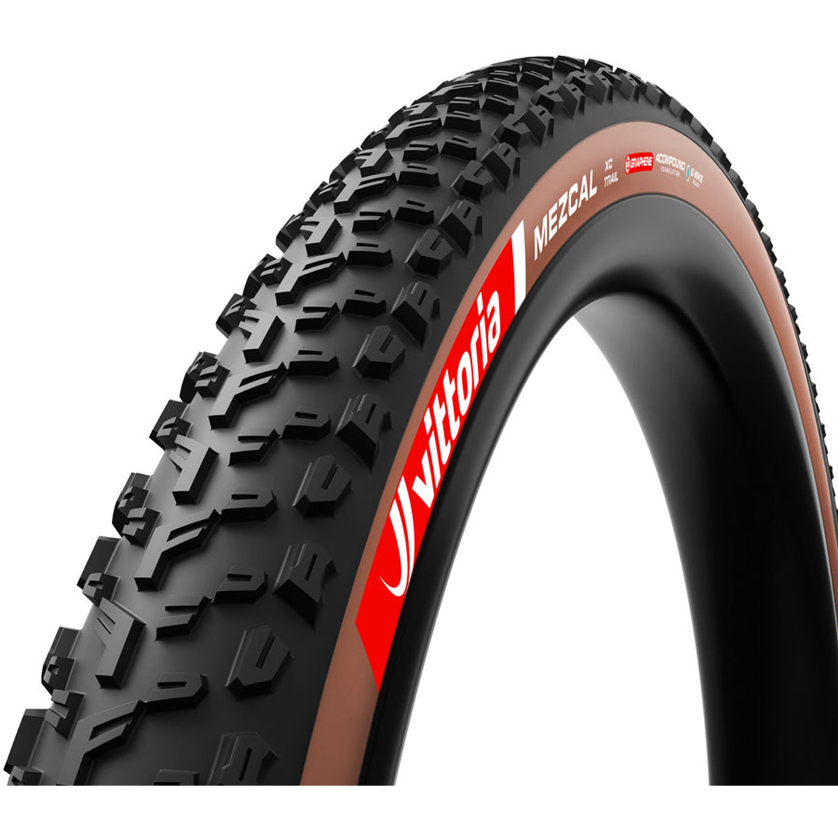 Vittoria Mezcal XC Trail MTB tire, 4C Graphene G2.0, folding tubeless-ready clincher for e-bike mountain biking.