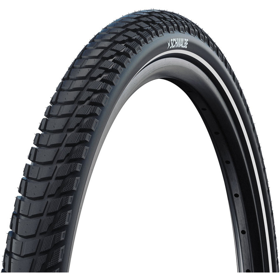 Schwalbe Marathon Plus Tour E-50 wire clincher cargo and urban tire in black with reflective sidewall for city riding.