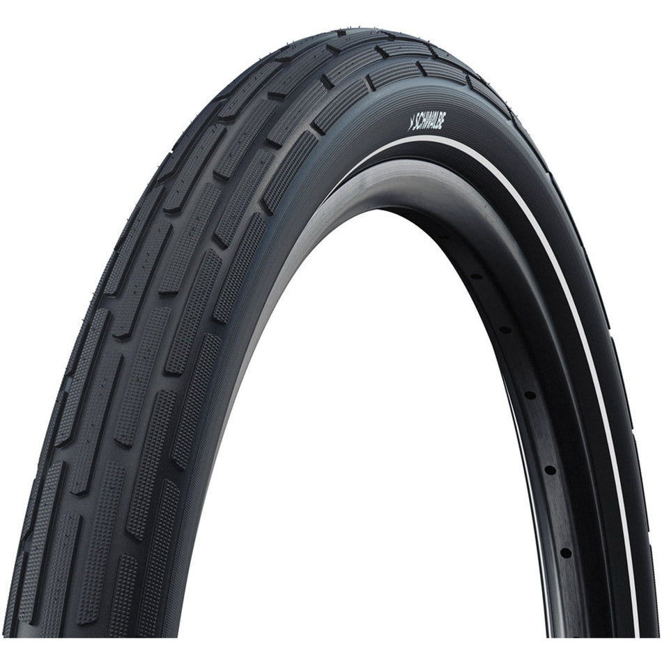 Schwalbe Motion Fat Frank cargo and urban tire in black with green reflex strip, wire clincher, E-25, K-Guard protection.