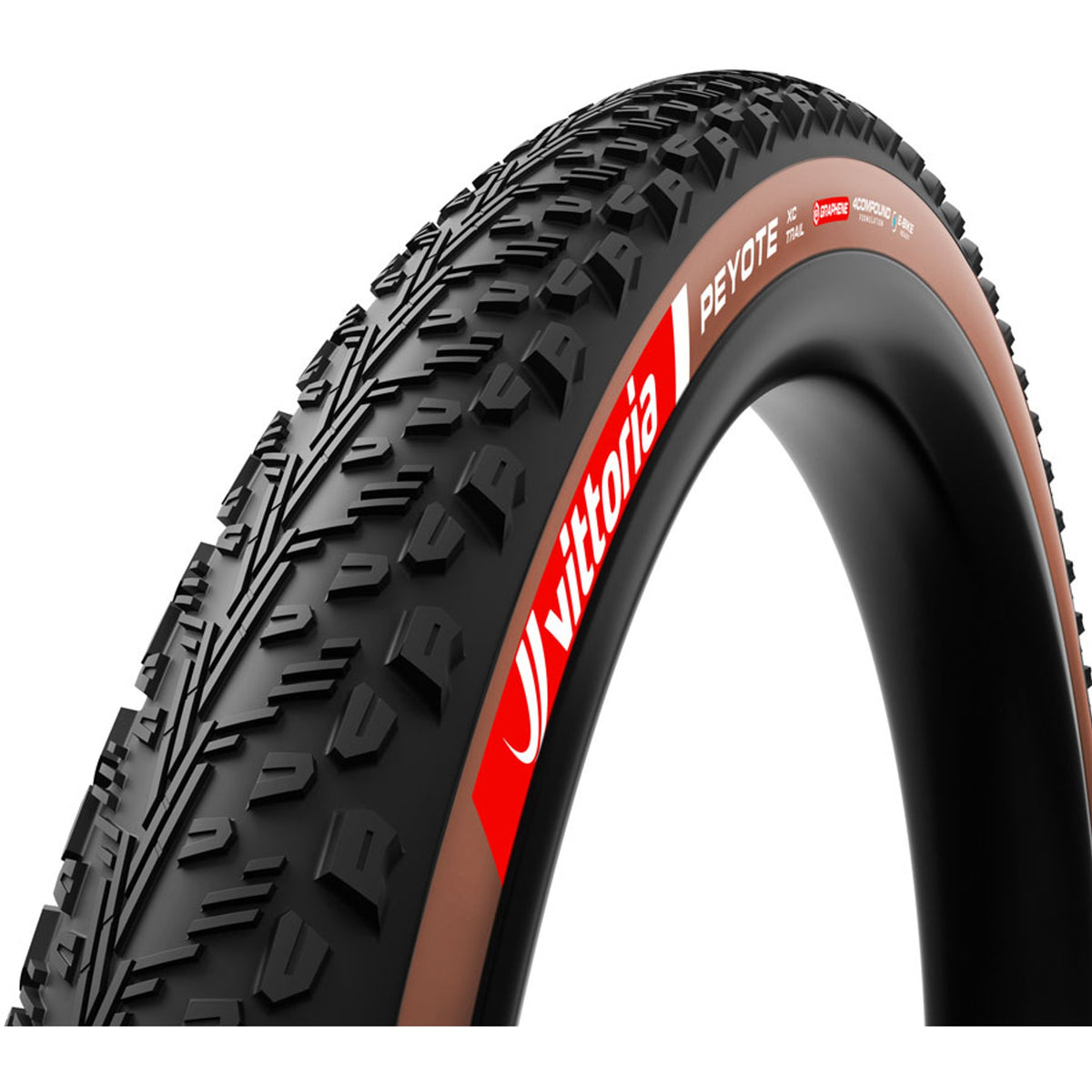 Vittoria Peyote XC trail tire for e-bikes, folding tubeless-ready clincher with 4C Graphene G2.0 for MTB riding.