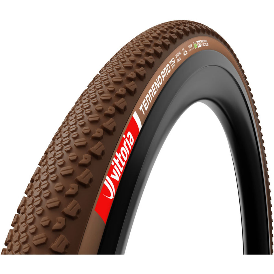 Vittoria Terreno Pro T50 mixed gravel and cyclocross tire, black and brown, folding, tubeless-ready clincher for eco gravel racing.