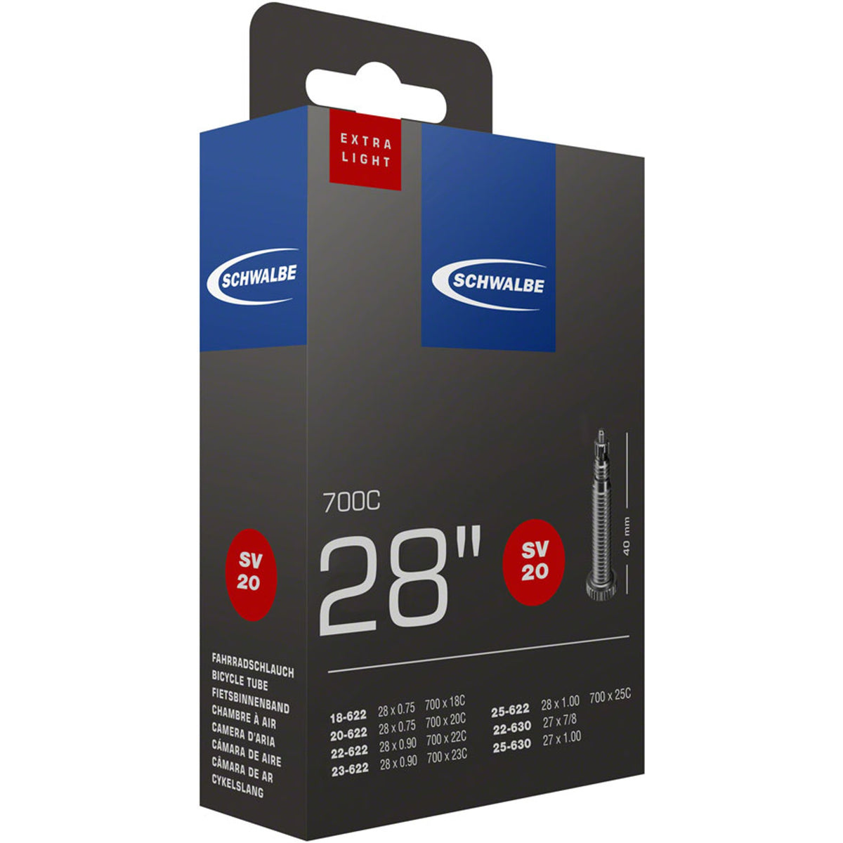 Schwalbe extra light tube for bicycle tires, shown in white with black valve, suitable for lightweight cycling setups.