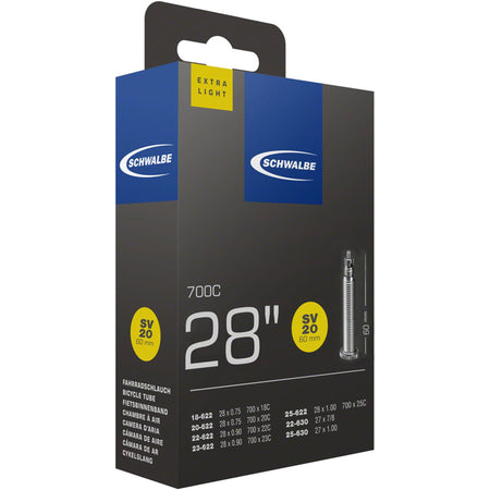 Schwalbe extra light tube for bicycle tires, shown in packaging with the tube visible, designed for lightweight cycling performance.