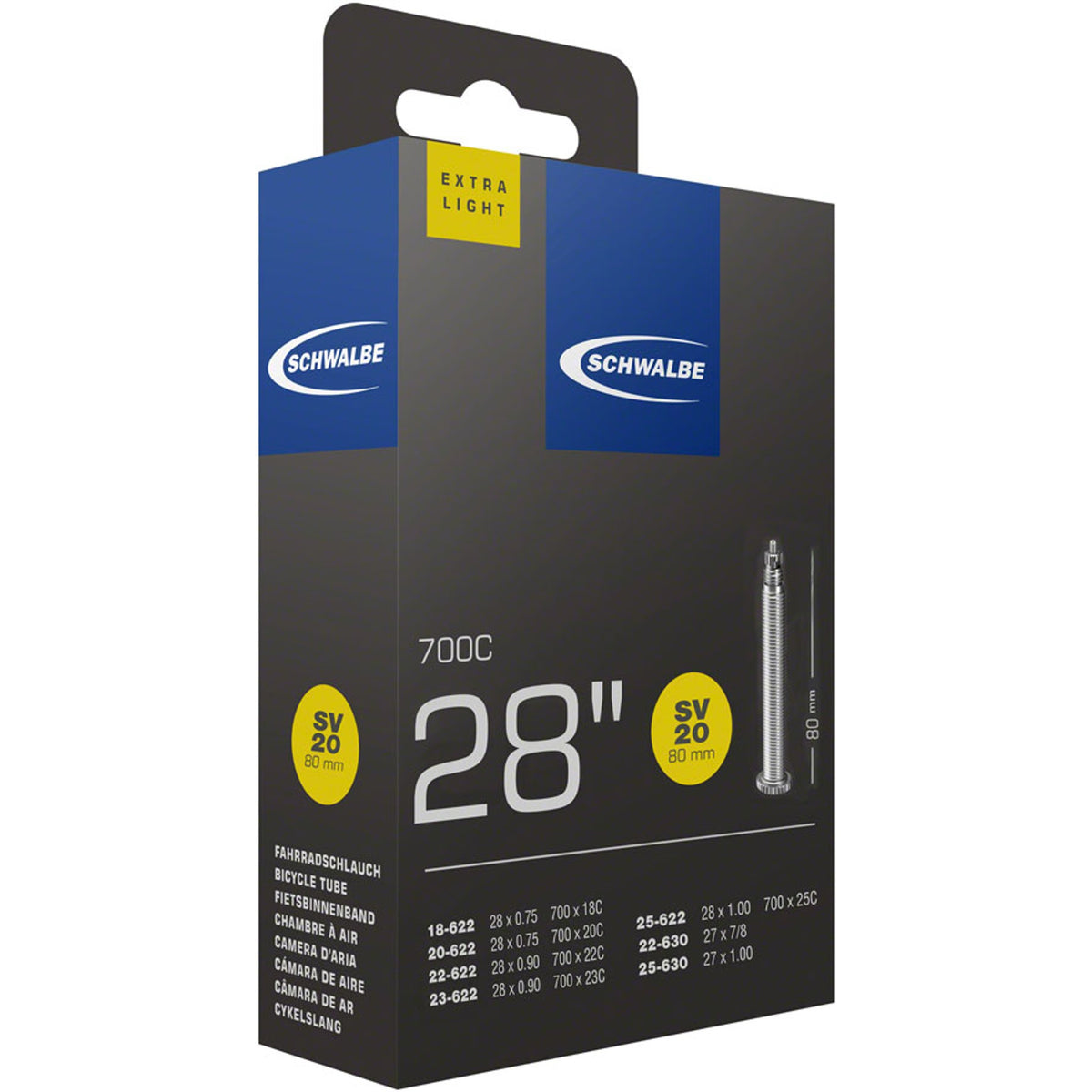 Schwalbe extra light tube for bicycle tires, showing the slim, durable rubber tube with valve stem for easy inflation.