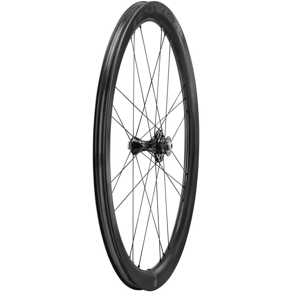 Campagnolo Bora WTO 45 C23 front wheel for road bikes, featuring lightweight carbon construction and aerodynamic design.