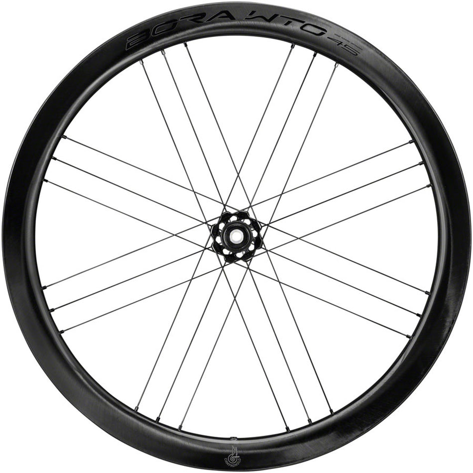 Campagnolo Bora WTO 45 C23 road front wheel with aerodynamic rim and lightweight design, suitable for high-performance cycling.