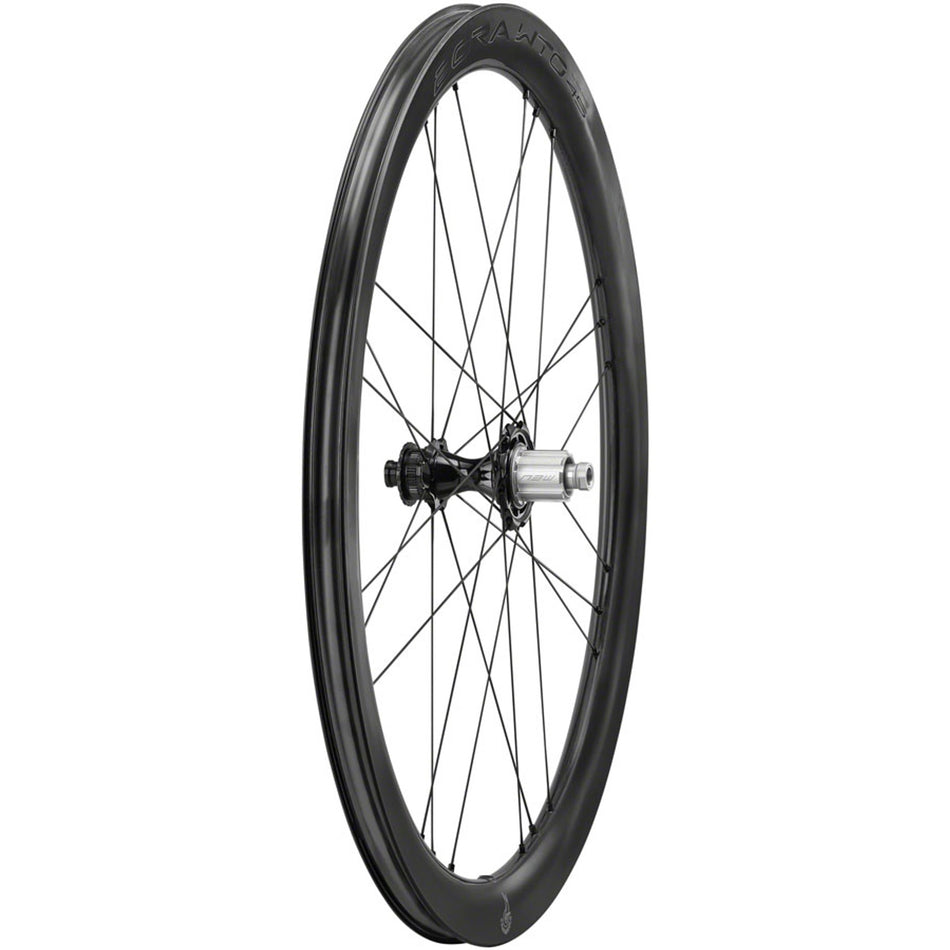 Campagnolo Bora WTO 45 C23 rear road wheel with aerodynamic rim and carbon spokes, designed for high-performance cycling.