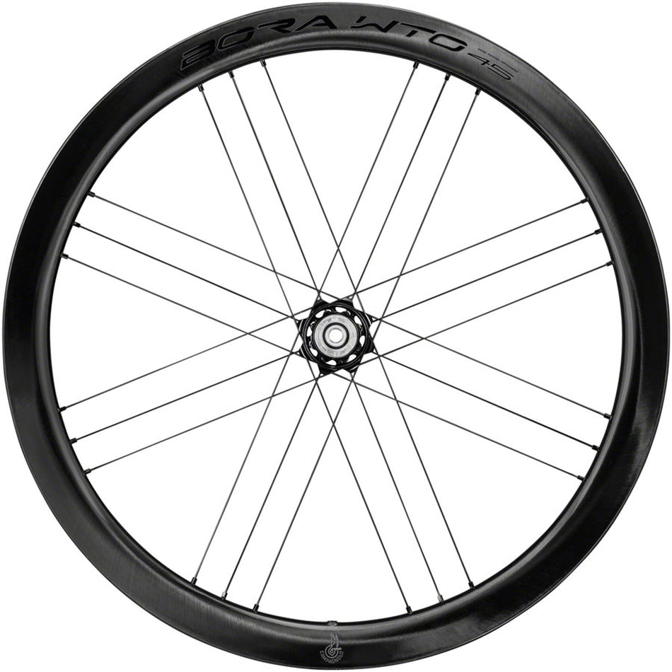 Campagnolo Bora WTO 45 C23 rear road wheel with lightweight carbon rim and aerodynamic design, mounted with tire and quick-release skewer.