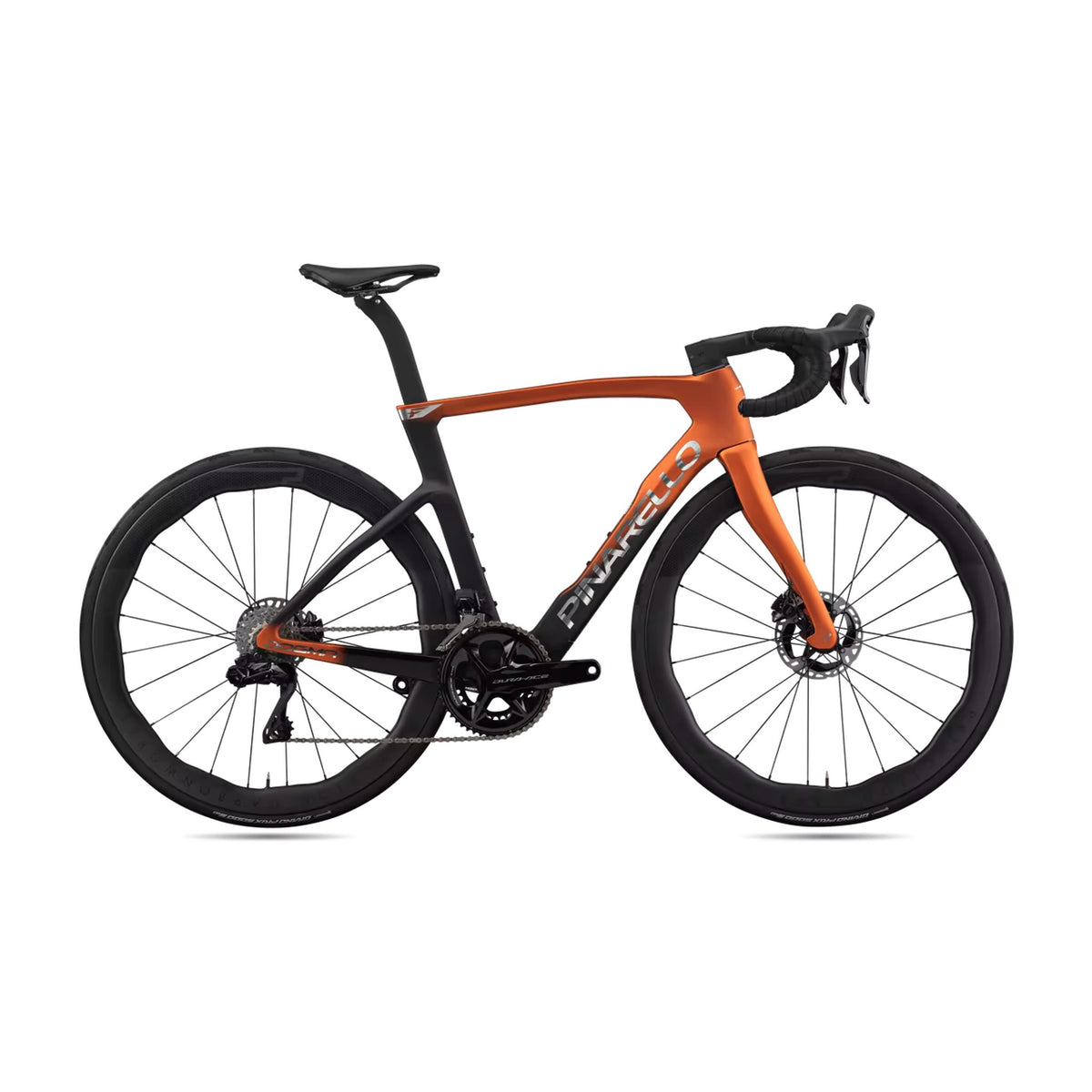 Pinarello MY26 Dogma F performance road bike with Dura-Ace Di2 components, amber frame, and advanced racing design.
