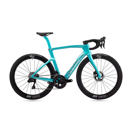 Pinarello MY26 Dogma F Red AXS E1 PM performance road bike with green frame and sleek design, featuring lightweight carbon components.