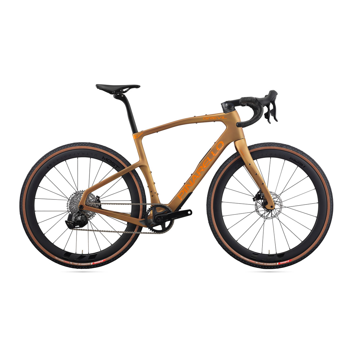 Pinarello MY26 Grevil F5 Rival AXS gravel bike in Namib Brown with carbon frame and 45mm wheel tires, suited for gravel and cyclocross riding.