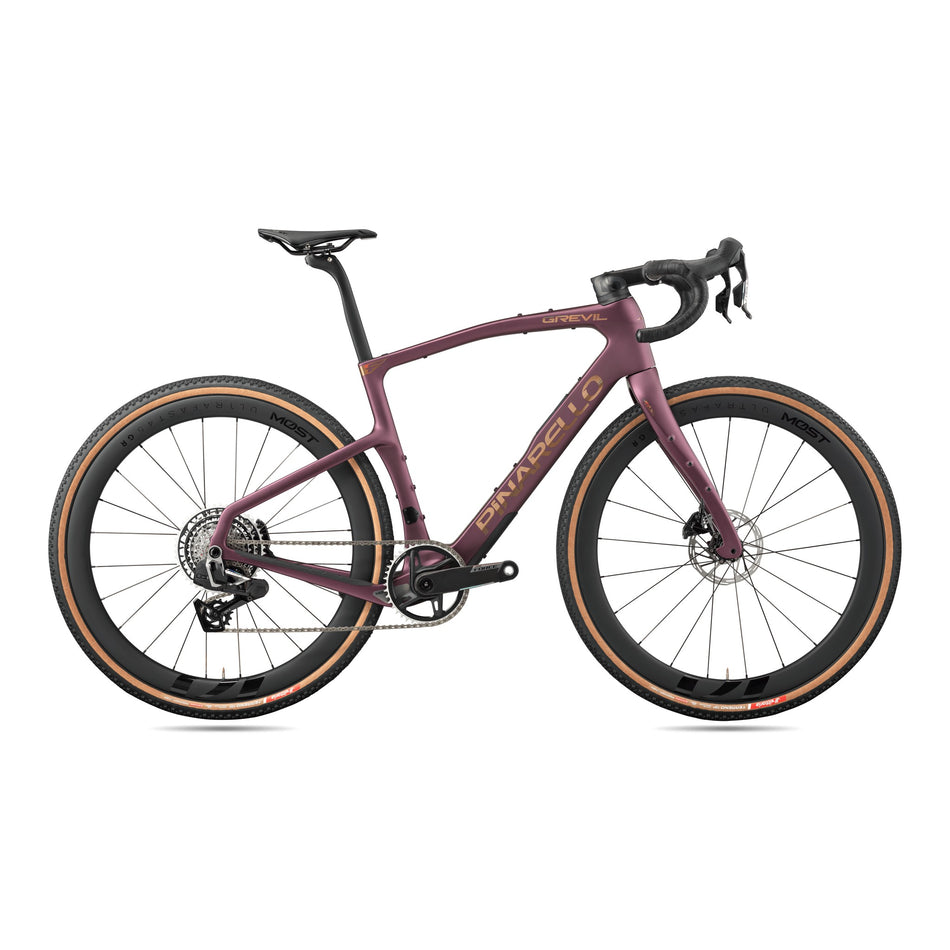 Pinarello MY26 Grevil F7 Force AXS gravel bike with purple carbon frame and 45mm tires, designed for gravel and cyclocross riding.