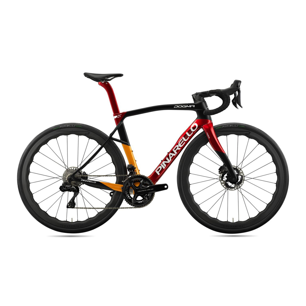 Pinarello Dogma X Disc endurance road bike with Dura Ace Di2 power meter, shown in Princeton Grit 4540 color scheme.