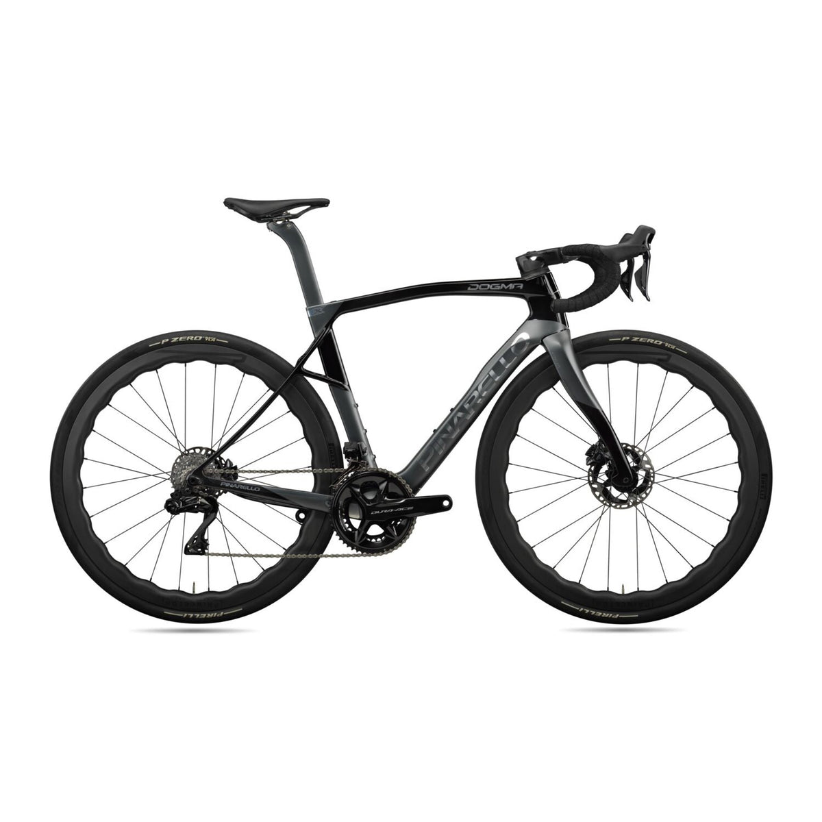 Pinarello Dogma X Disc endurance road bike with Dura Ace Di2 power meter in Princeton Grit 4540 color, close-up of frame and components