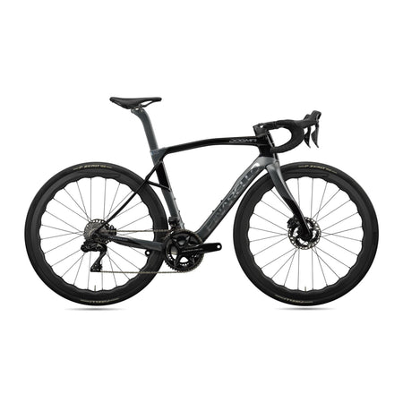 Pinarello Dogma X Disc endurance road bike with Dura Ace Di2 power meter in Princeton Grit 4540 color, close-up of frame and components