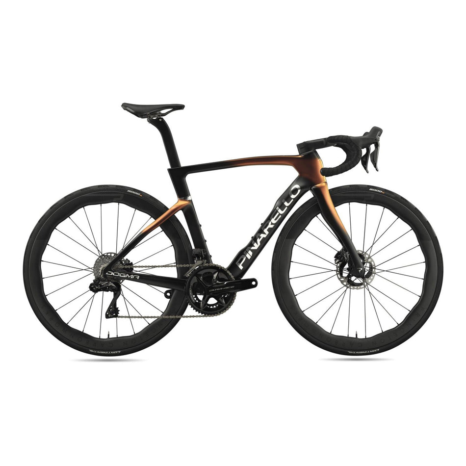 Pinarello MY25 Dogma F performance road bike with Dura Ace Di2 electronic shifting, sleek frame, and advanced racing design.