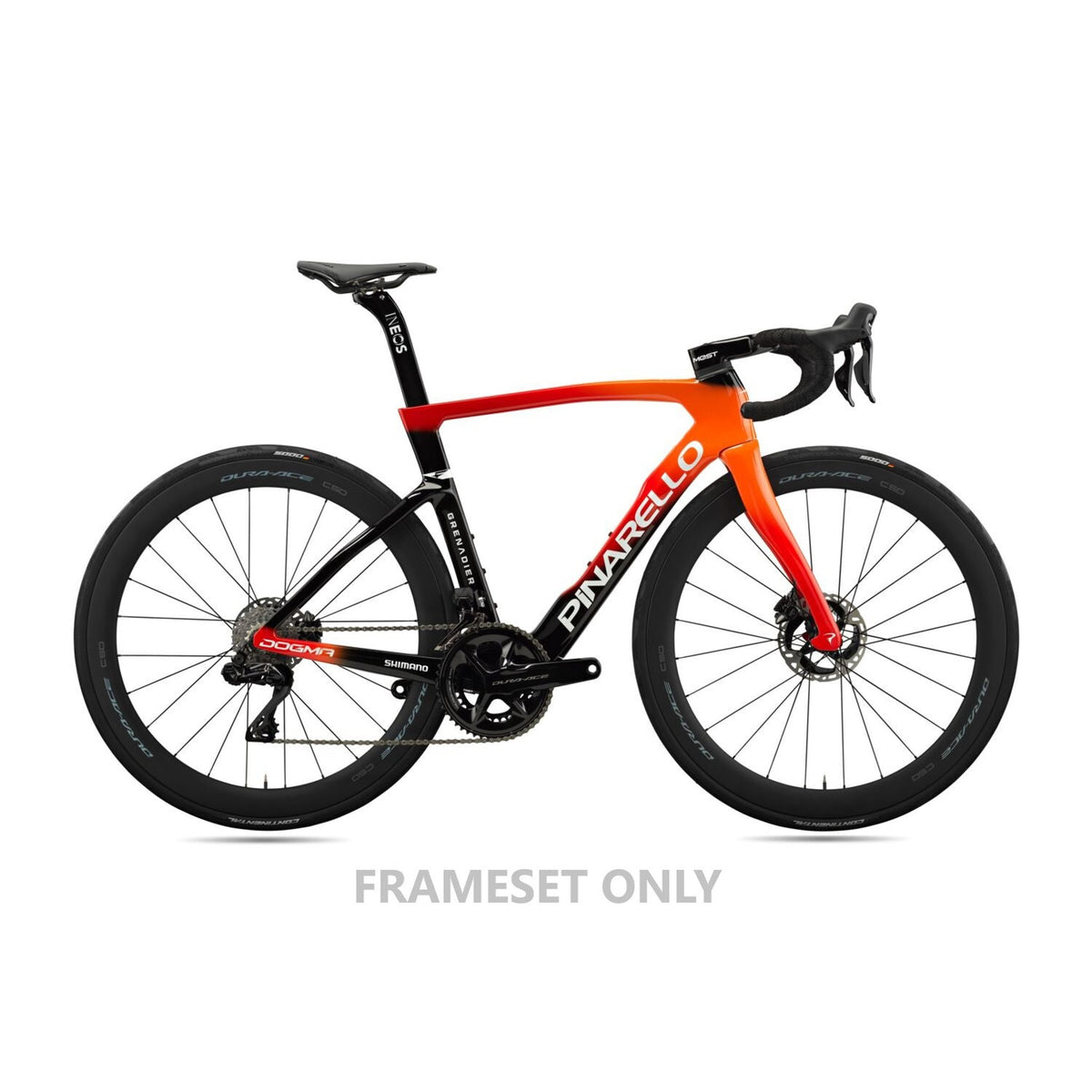 Pinarello MY25 Dogma F Disc road bike frameset with sleek design and Shimano ORE3 disc brakes, designed for high-performance cycling.