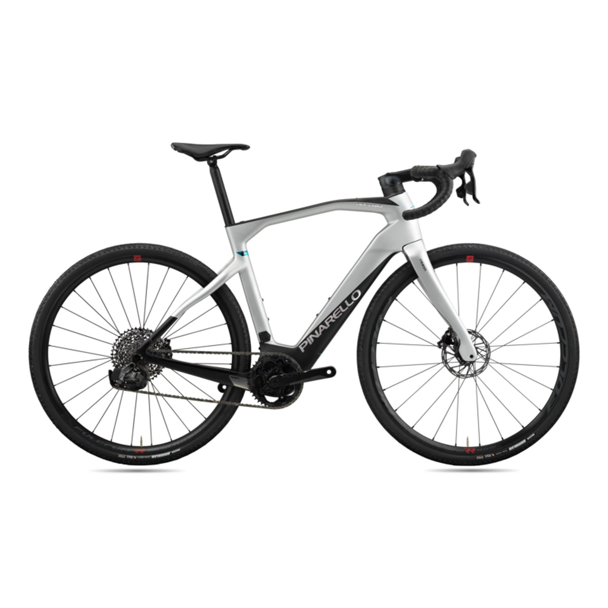 Pinarello Nytro Gravel E5 Disc e-Gravel bike with Rival AXS XPLR groupset and disc brakes, shown from side view.