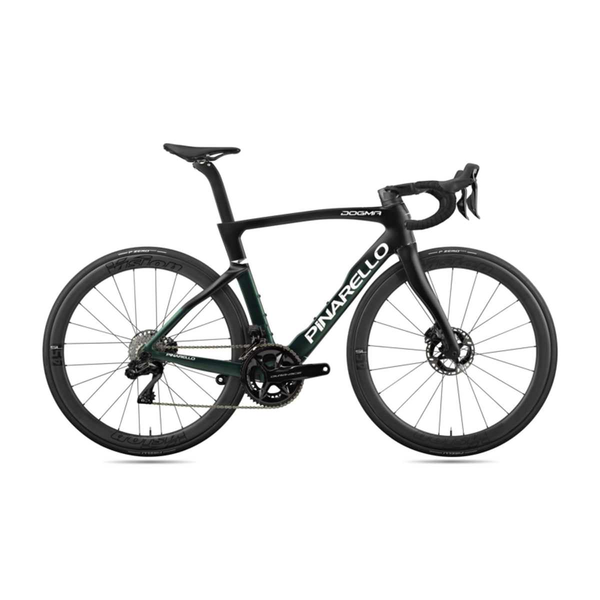 Pinarello Dogma F Disc road bike frameset in sleek black with disc brake mounts and aerodynamic design.