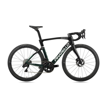 Pinarello Dogma F Disc road bike frameset in sleek black with disc brake mounts and aerodynamic design.
