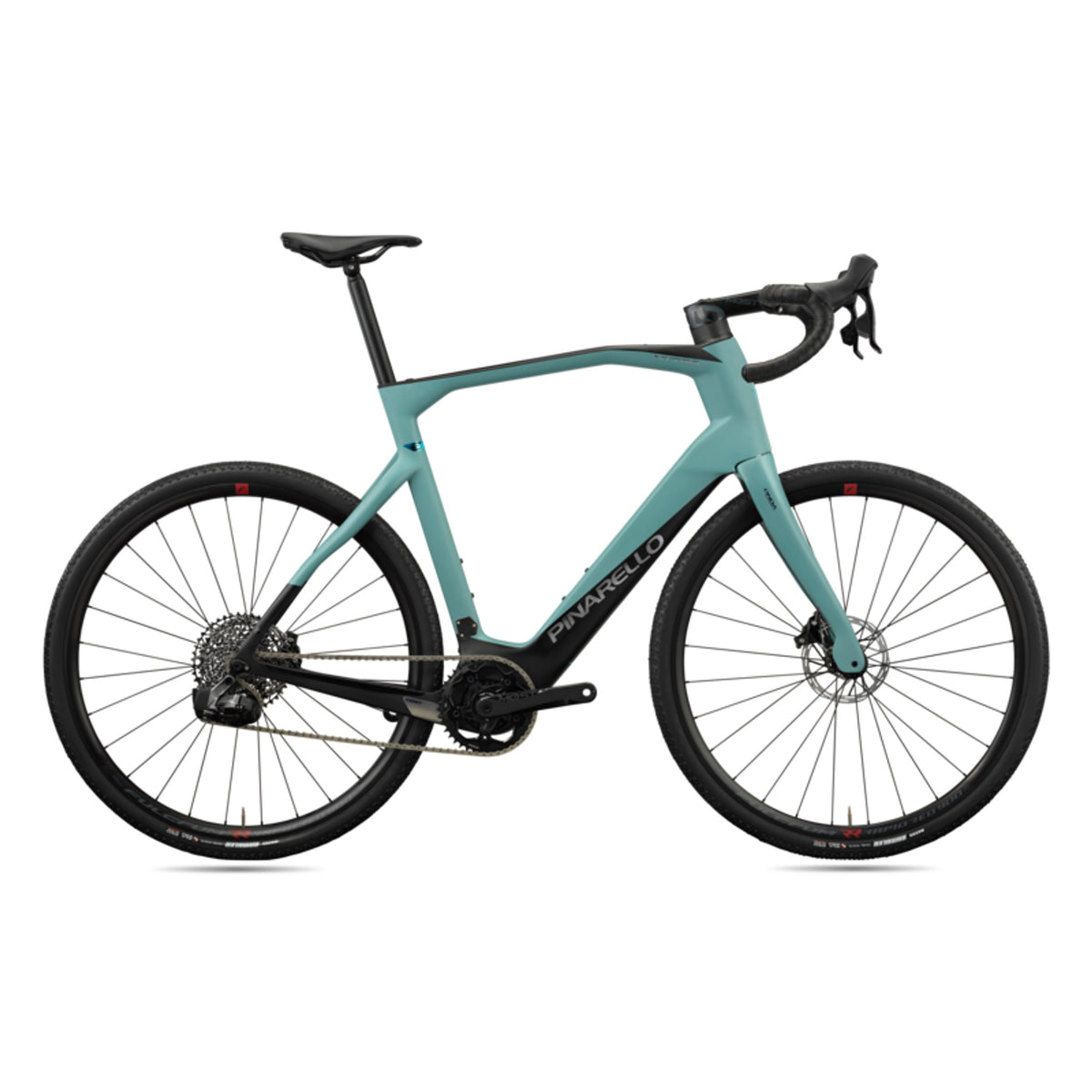 Pinarello Nytro Gravel E5 Disc e-Gravel bike with Rival AXS XPLR drivetrain, black frame, and disc brakes, ready for gravel riding.