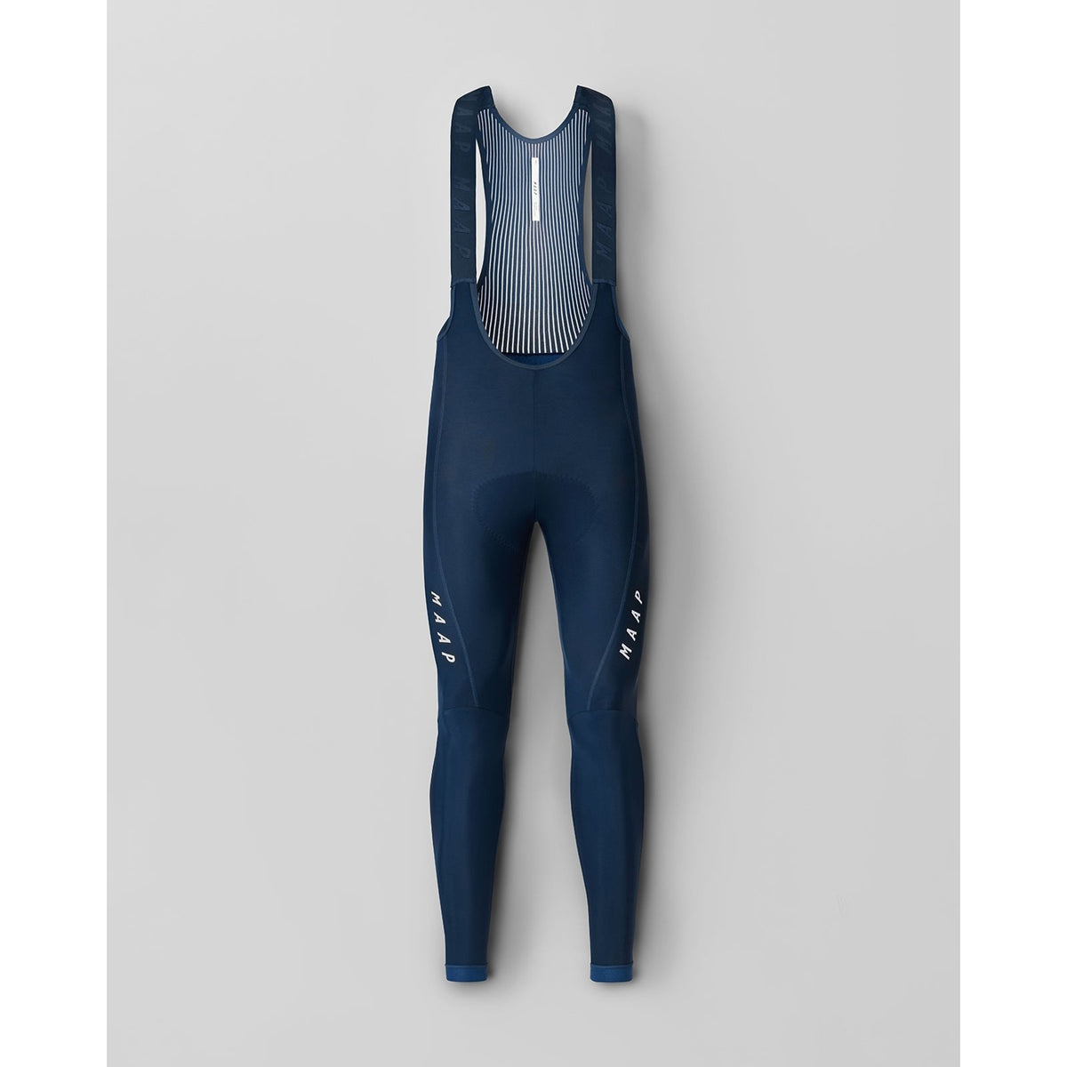 MAAP Team Evo Thermal Bib Tight in navy, shown flat with padded seat and thermal fabric details